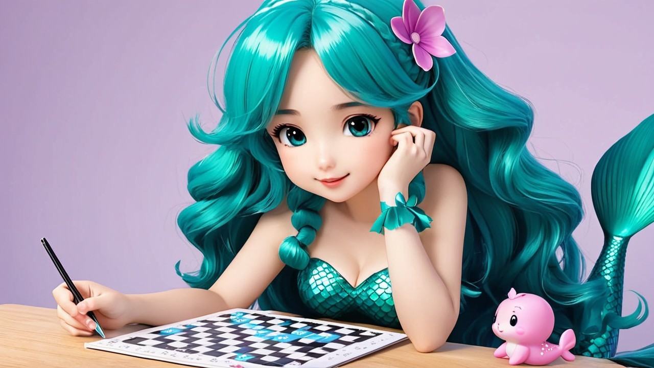 Animated character with turquoise hair drawing a checkerboard
