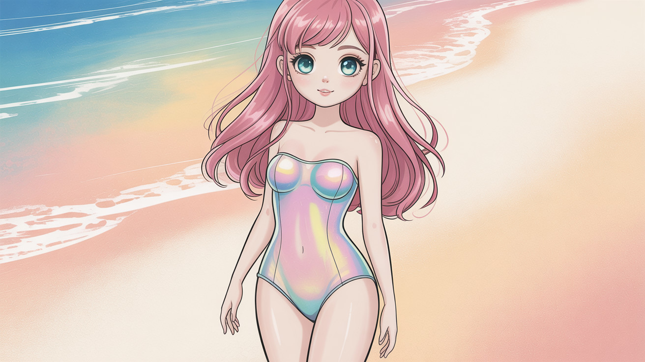 Anime girl in pastel swimsuit at a beach scene