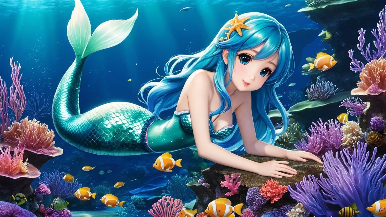 Whimsical Mermaid in a Colorful Underwater Scene