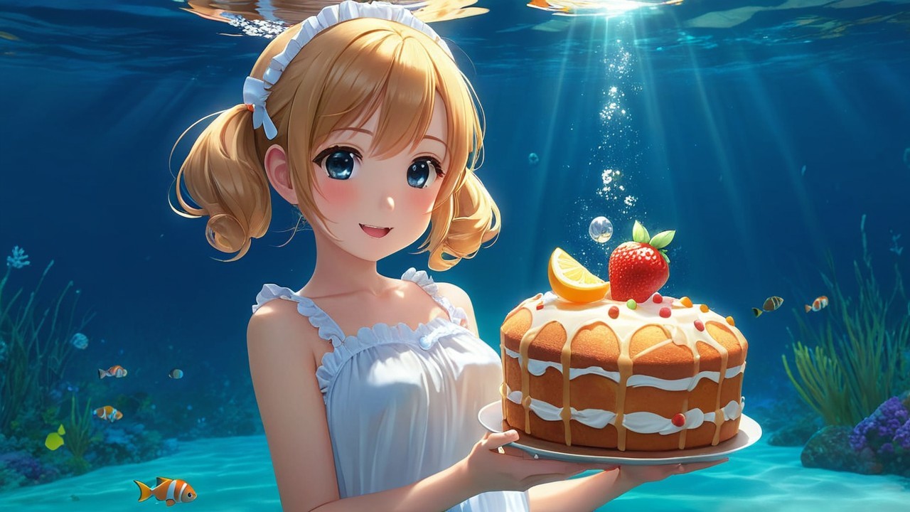 Cheerful anime girl underwater with decorated cake