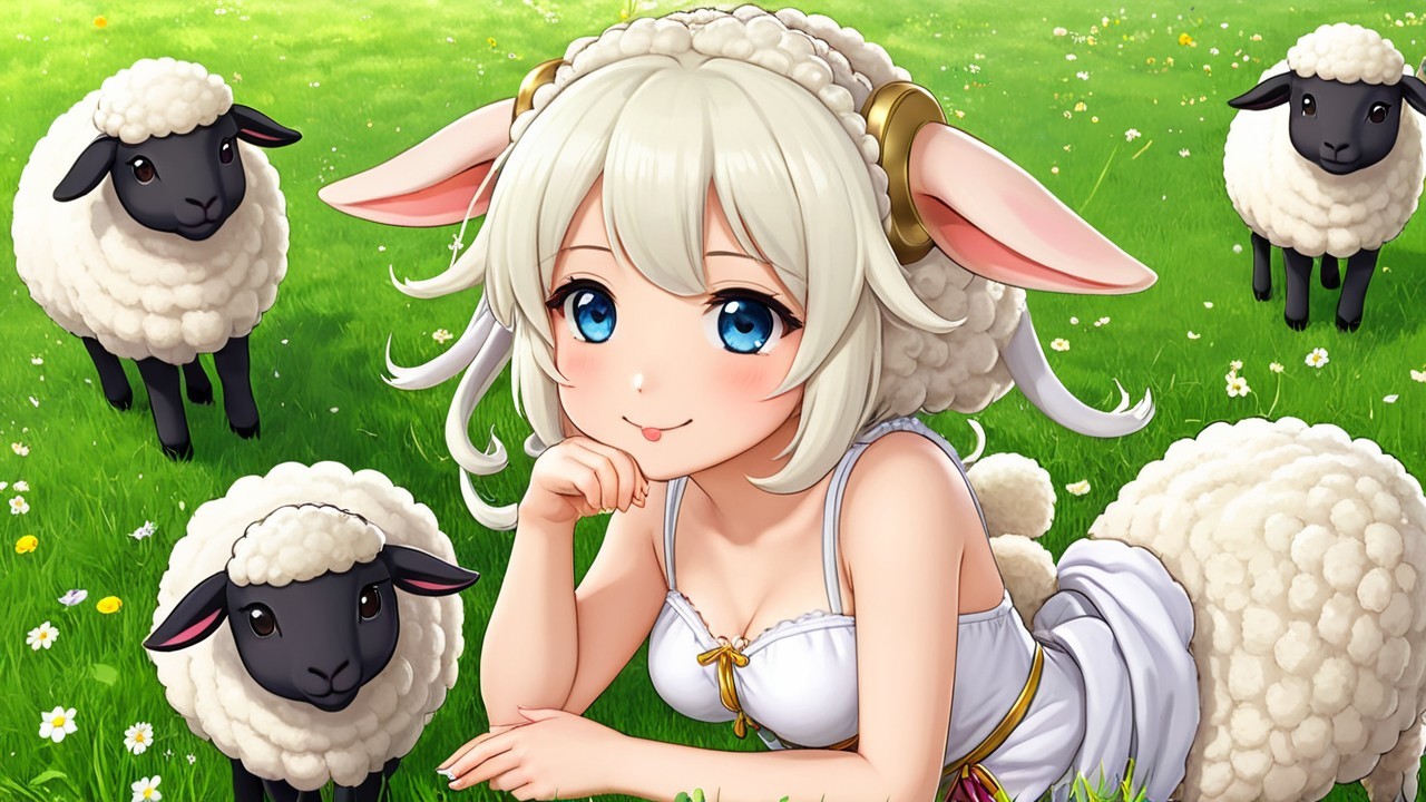Cheerful girl in white dress with sheep in meadow