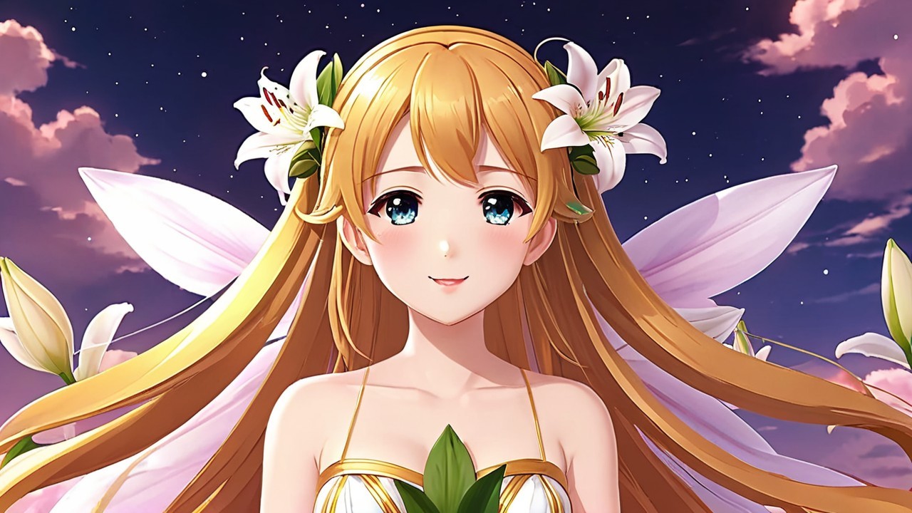 Anime Character with Golden Hair and Blooming Flowers