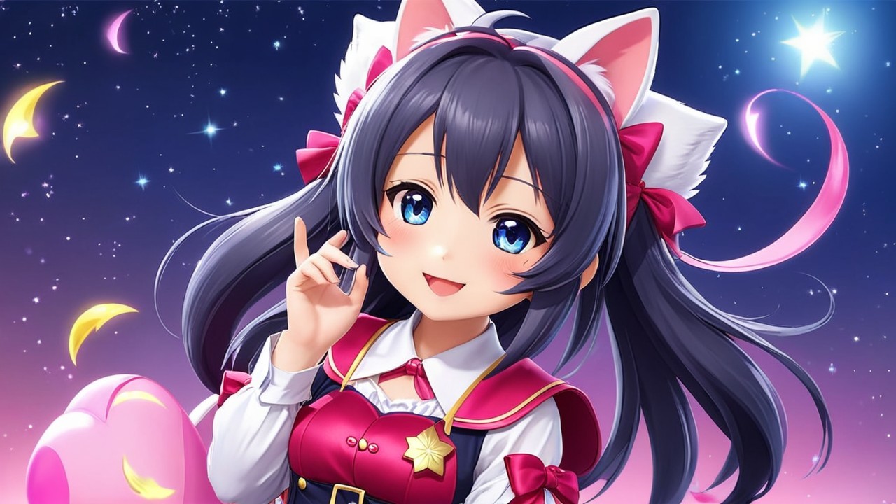 Cheerful anime character with cat ears and vibrant attire