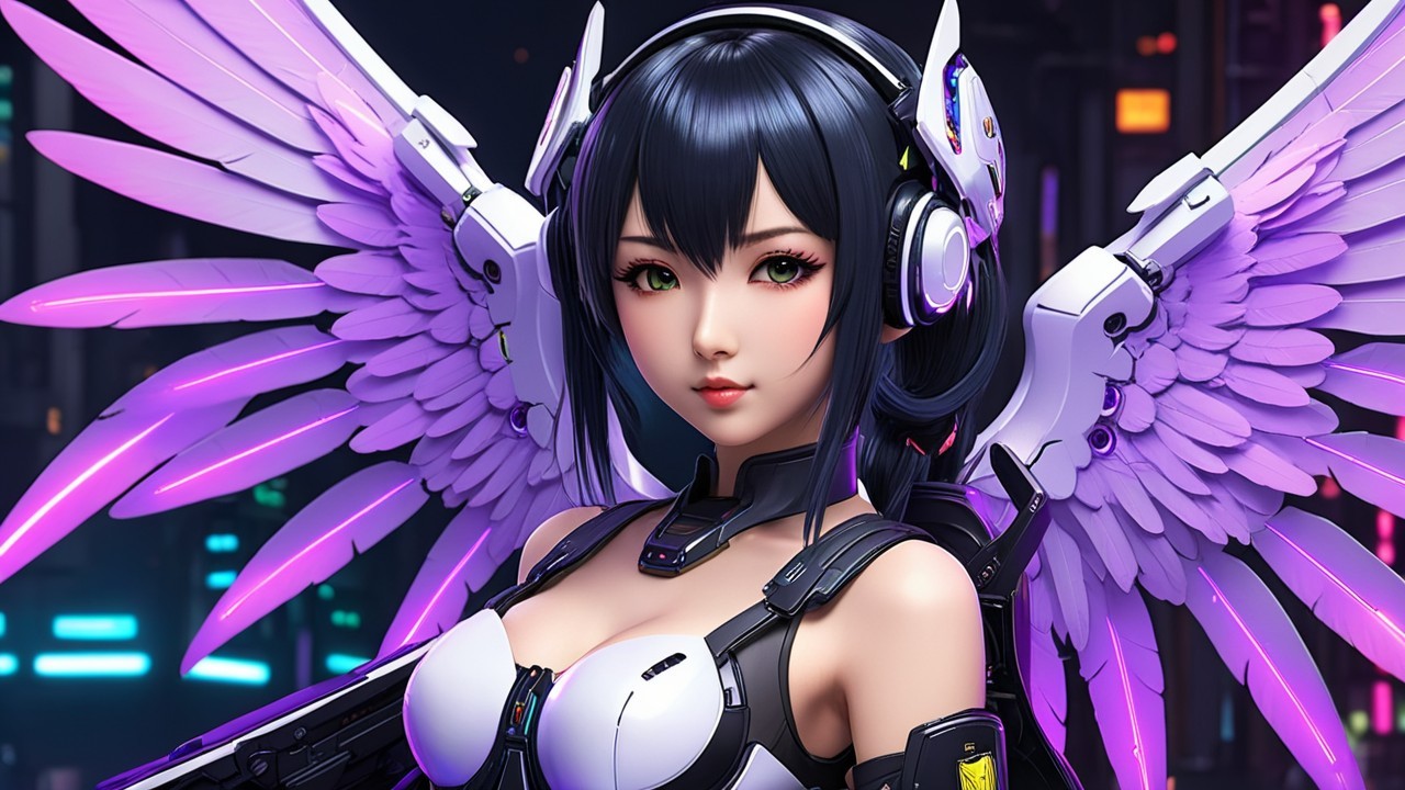 Futuristic Female Character with Purple Wings in Cyberpunk City