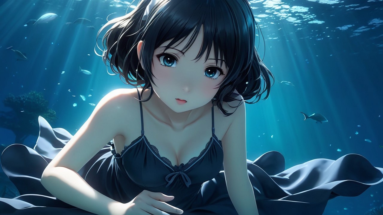Young girl underwater in dark dress with fish