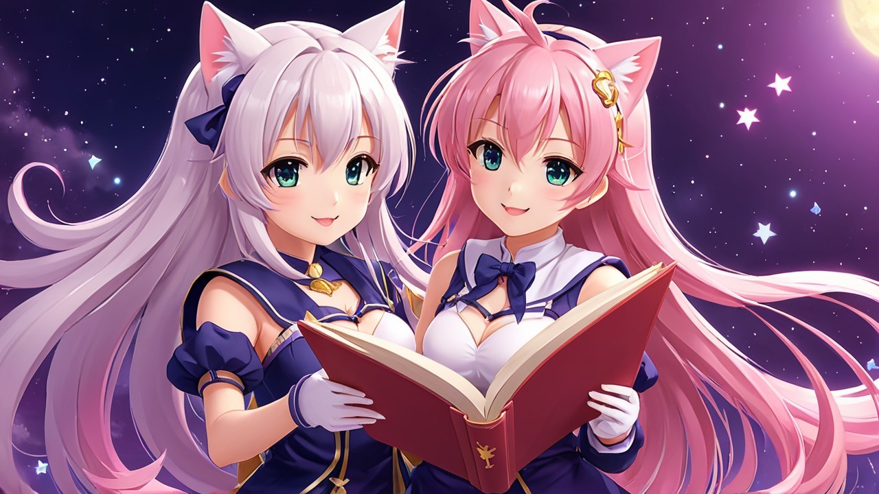 Anime Characters with Cat Ears Under Starry Sky