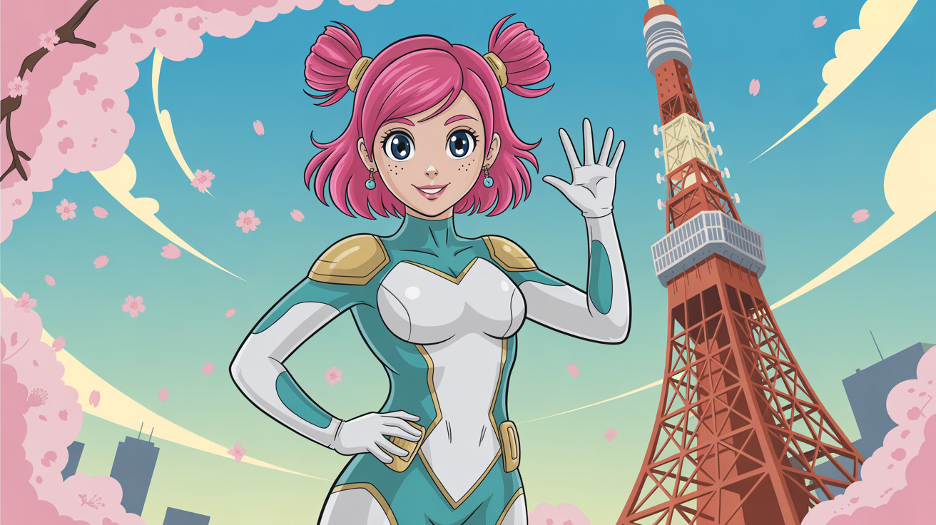 Vibrant Anime Scene of a Girl in Tokyo with Cherry Blossoms