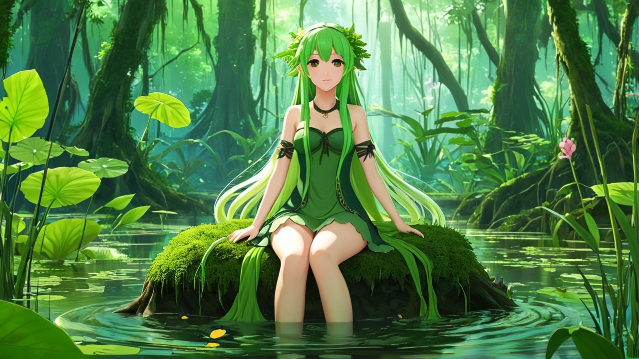 Serene Figure in Green Dress in Lush Forest Setting