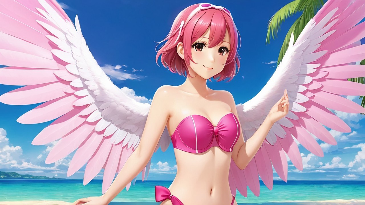 Vibrant Beach Scene with Girl and Whimsical Wings