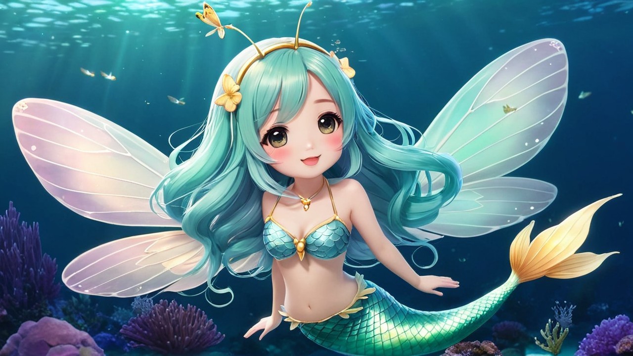 Whimsical mermaid with aqua hair and butterfly wings