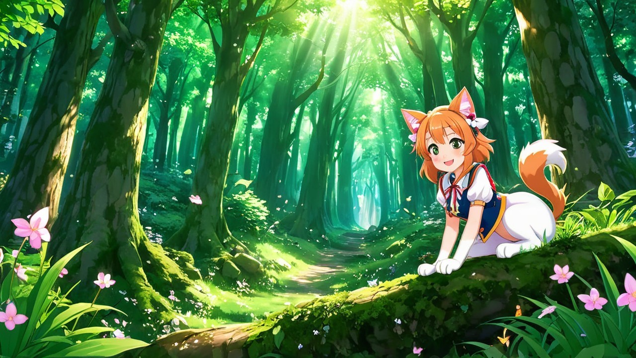 Cheerful Anime Girl in Vibrant Forest Setting