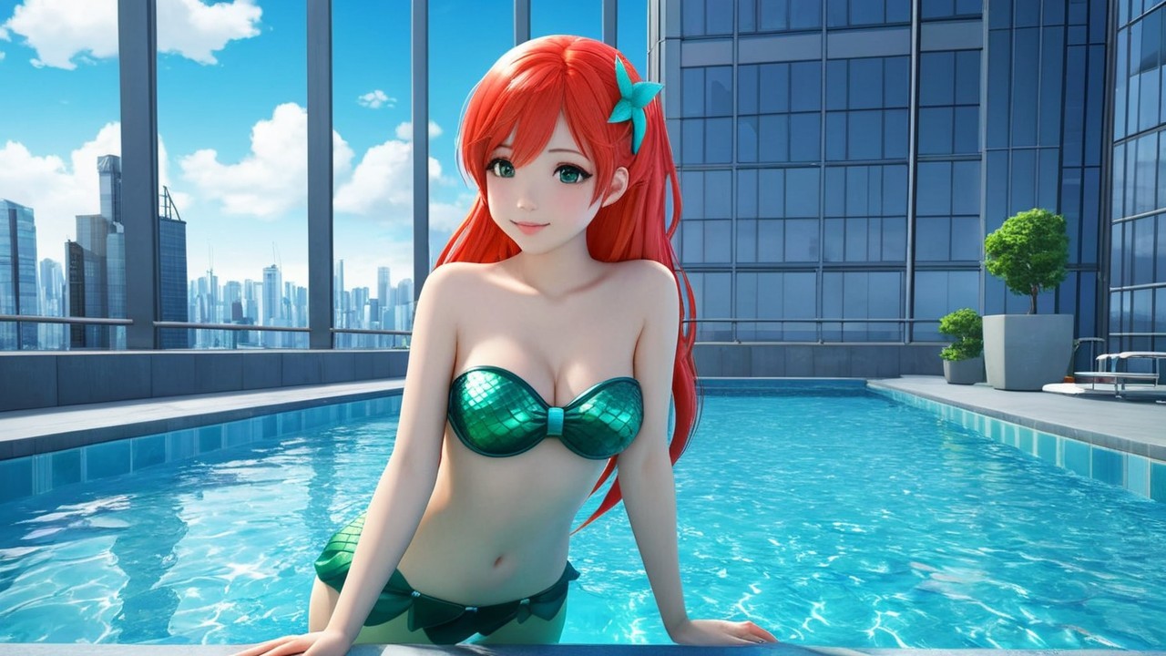 Stylized Mermaid by Sunlit Pool with City Skyline