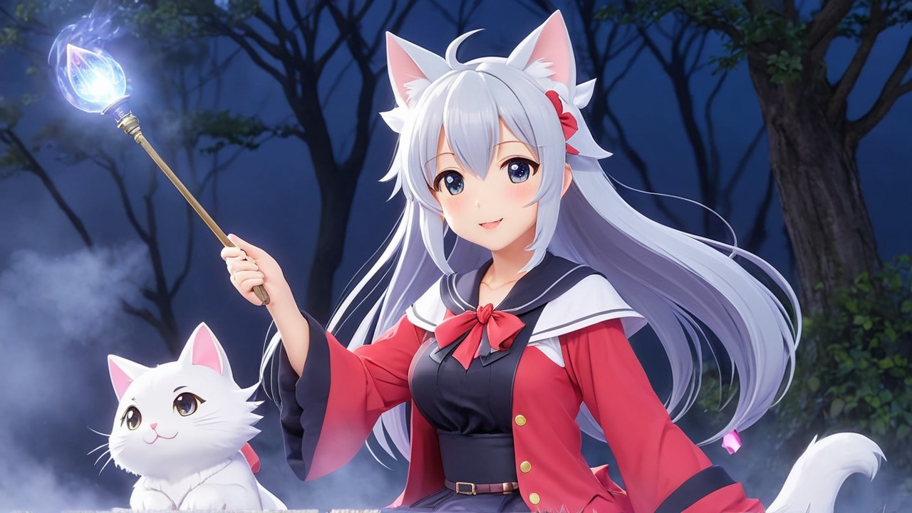 Young girl with silver hair in mystical forest setting