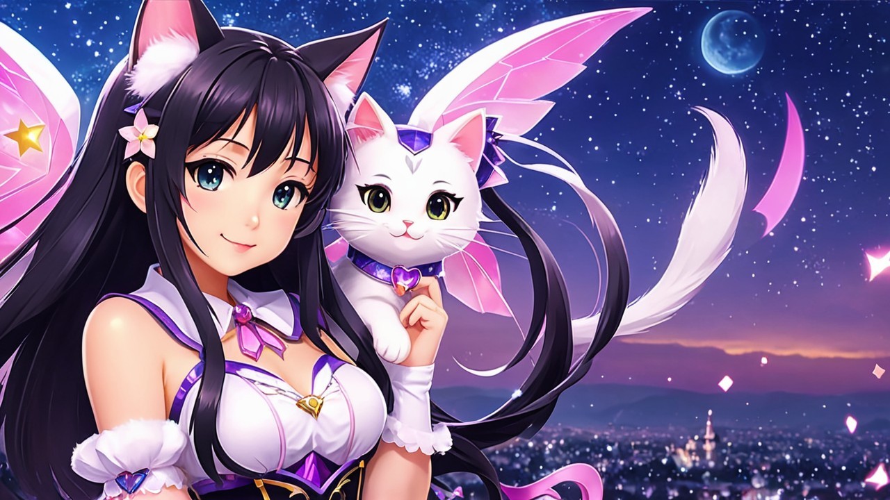 Fairy Woman and Winged Cat in Starry Night Scene