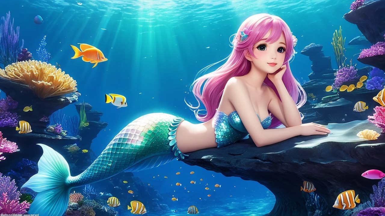 Vibrant Underwater Scene with Mermaid and Coral Reef