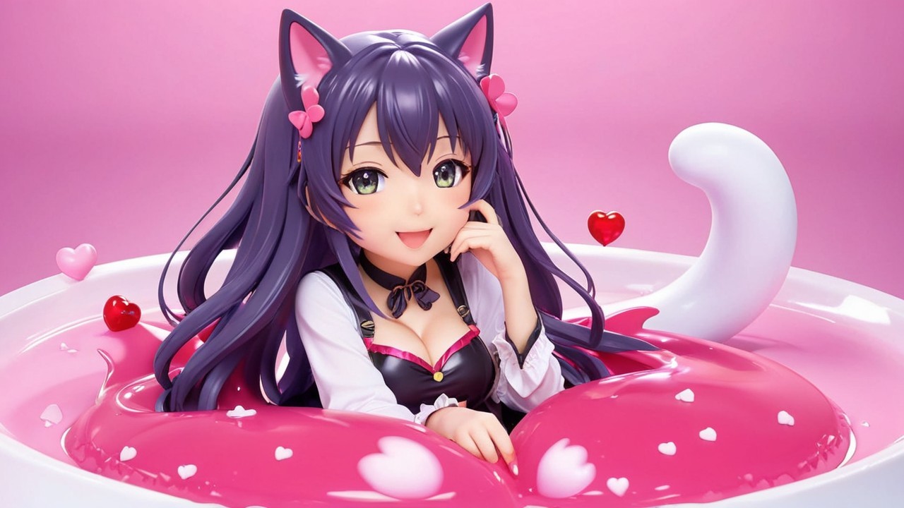 Anime Character with Cat Ears in Heart Dessert Scene