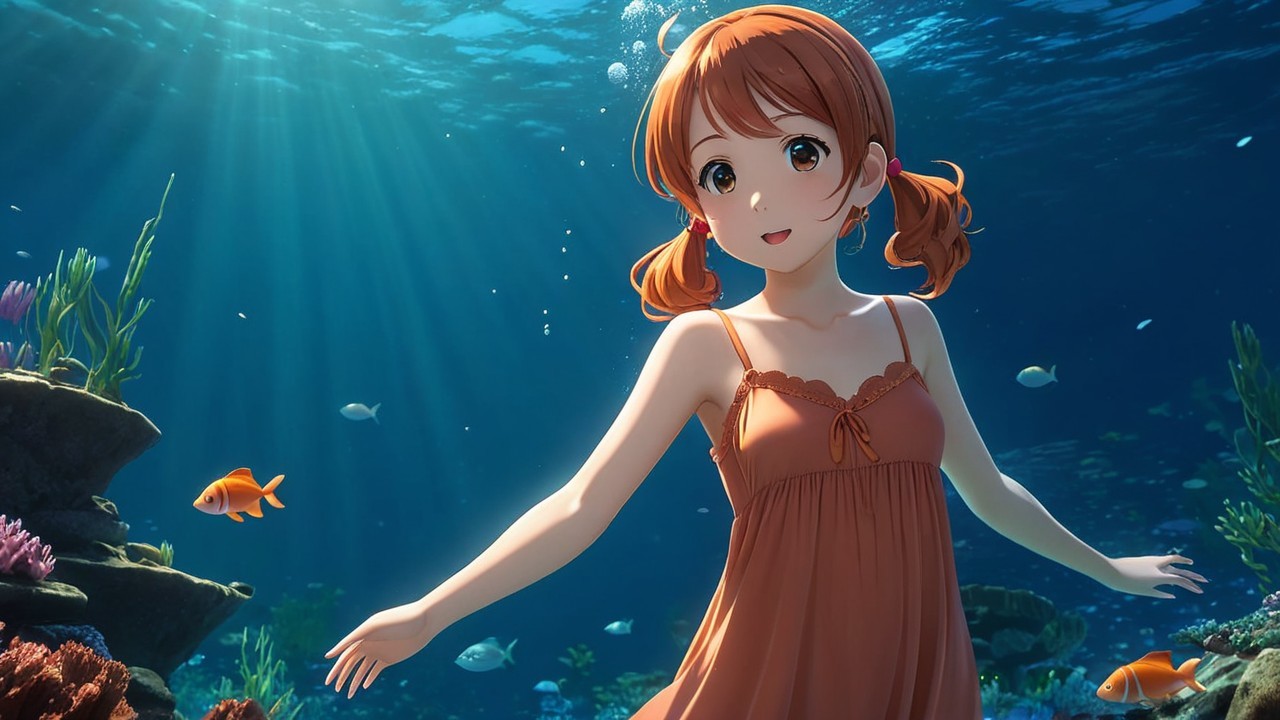 Cheerful girl with orange pigtails swims underwater