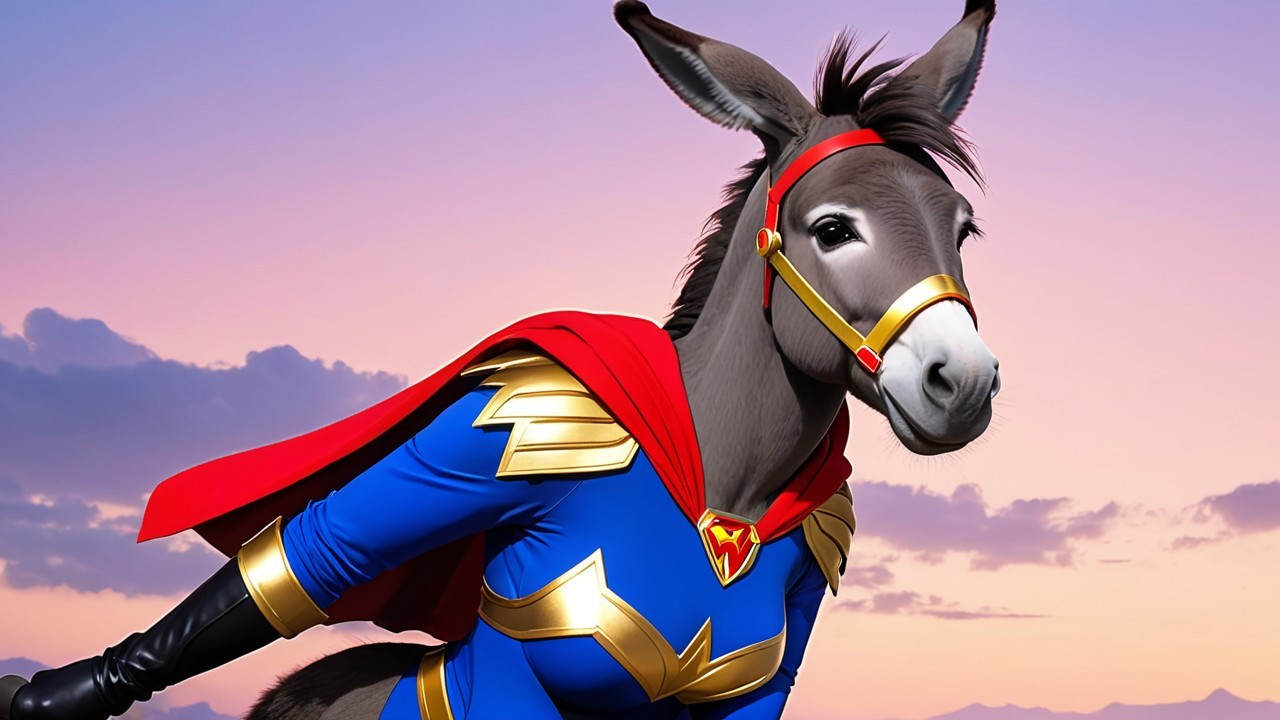 Superhero Donkey in Vibrant Costume at Sunset