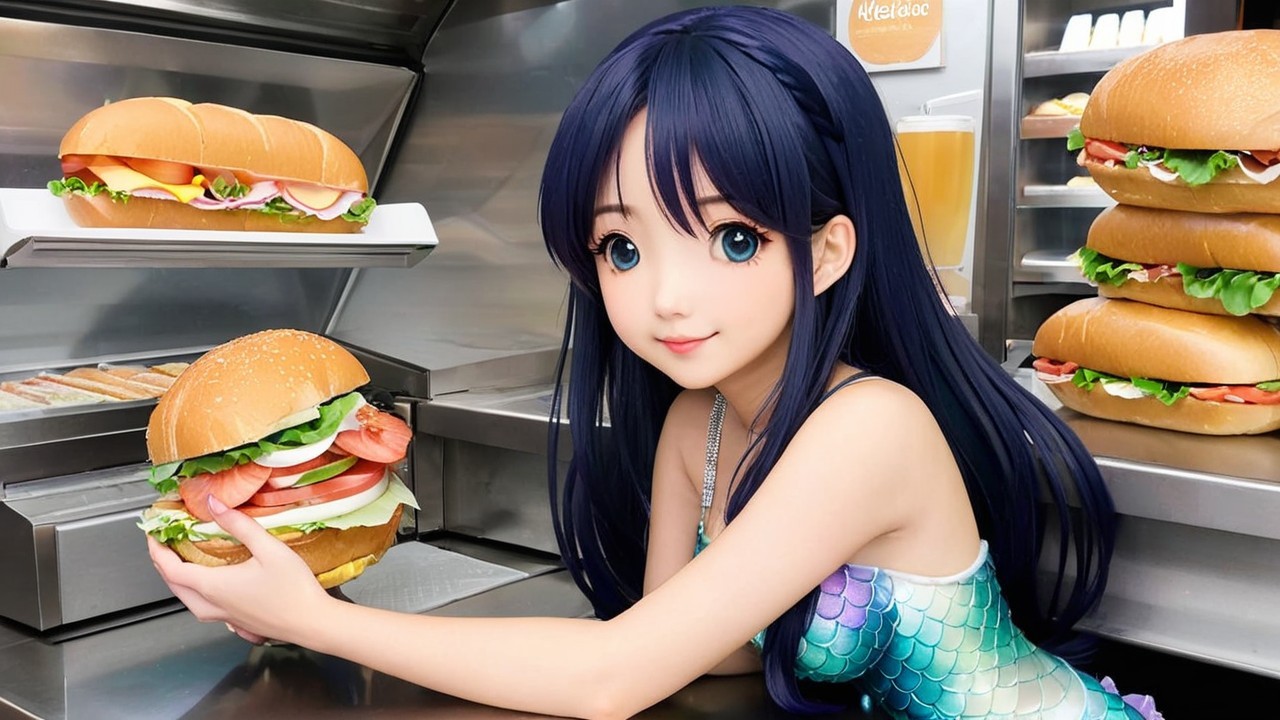 Young girl in mermaid outfit at colorful fast-food restaurant
