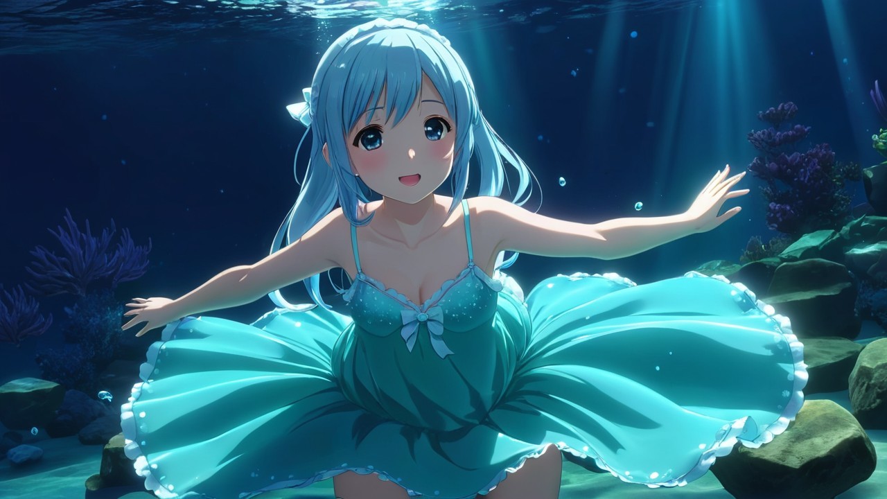 Underwater Scene of a Girl with Aqua Hair and Fish
