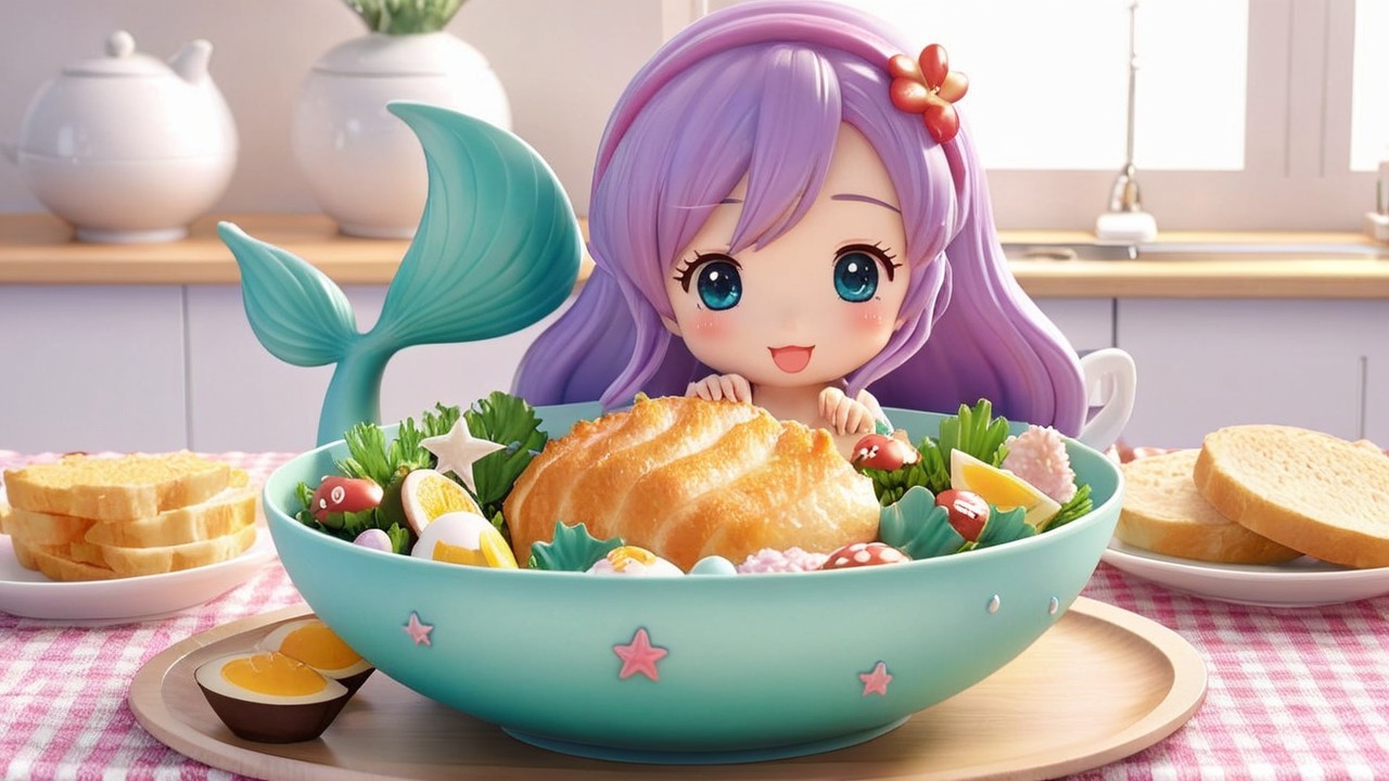 Cute Mermaid Character in Colorful Sushi Scene