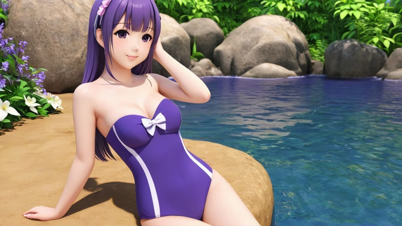 Young Woman in Purple Swimsuit by Serene Water Pool