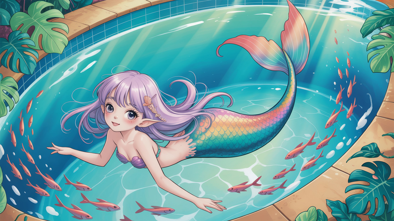 Cute Mermaid Digital Illustration in a Pool Setting
