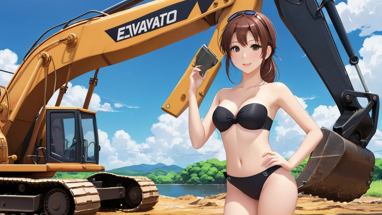 Young Woman in Bikini Beside Yellow Excavator in Nature