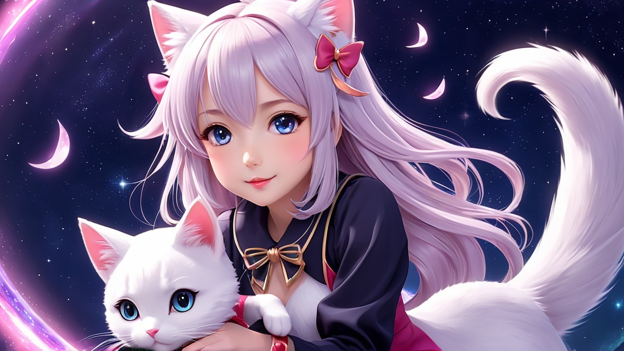 Anime Character with Lavender Hair and Fluffy Cat