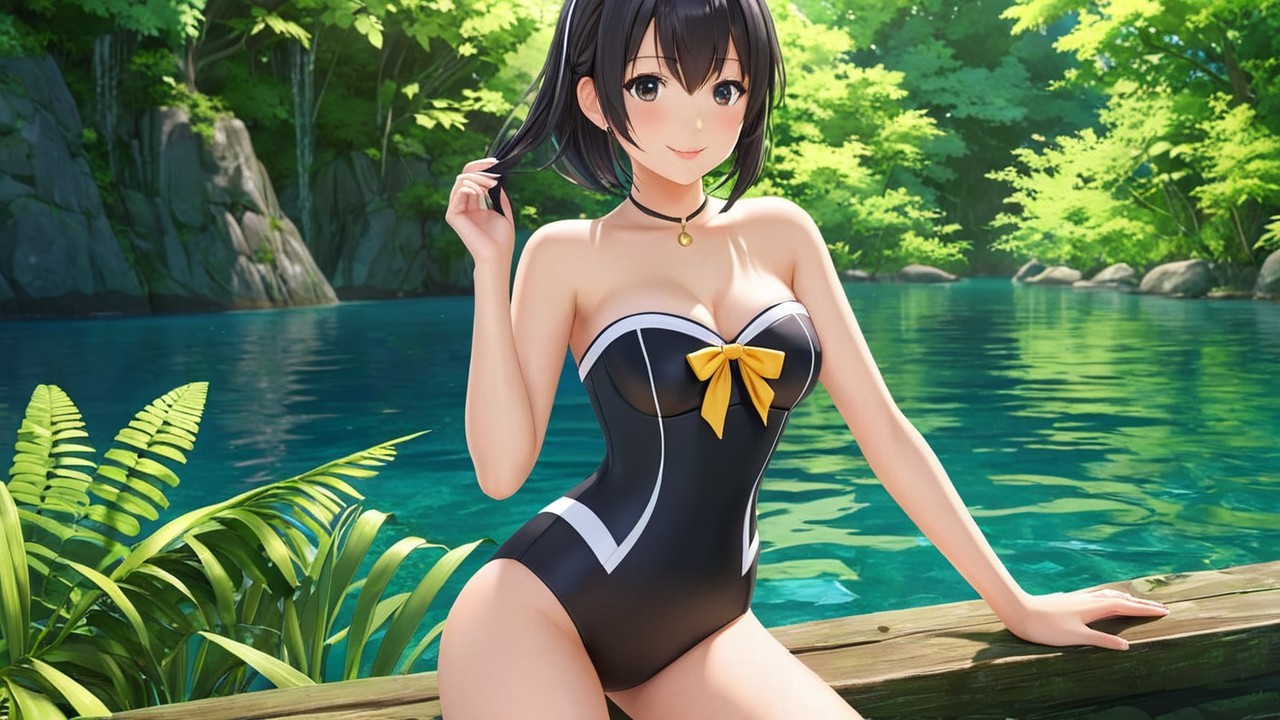 Young Woman in Black Swimsuit by Tranquil Lake