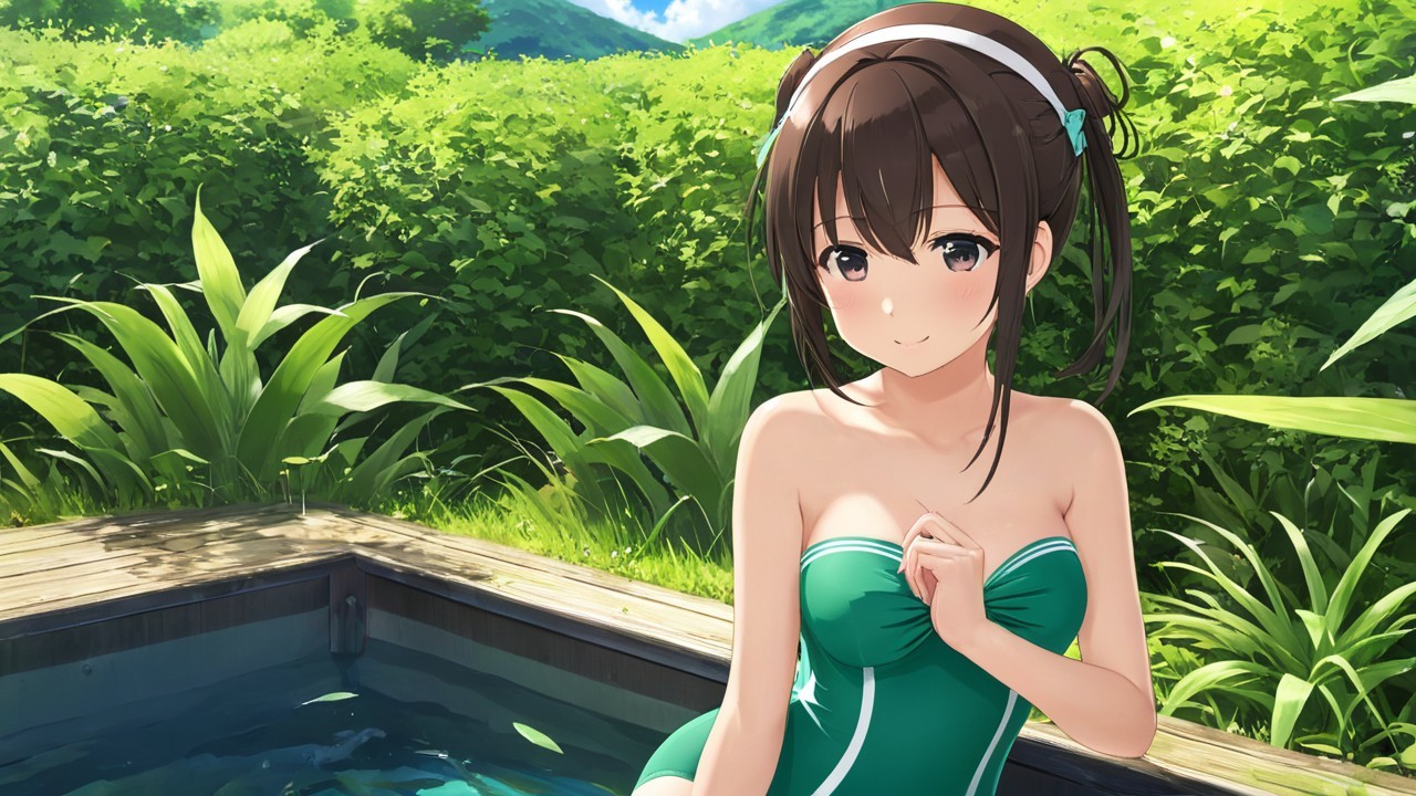 Cheerful girl in green swimsuit by serene pool