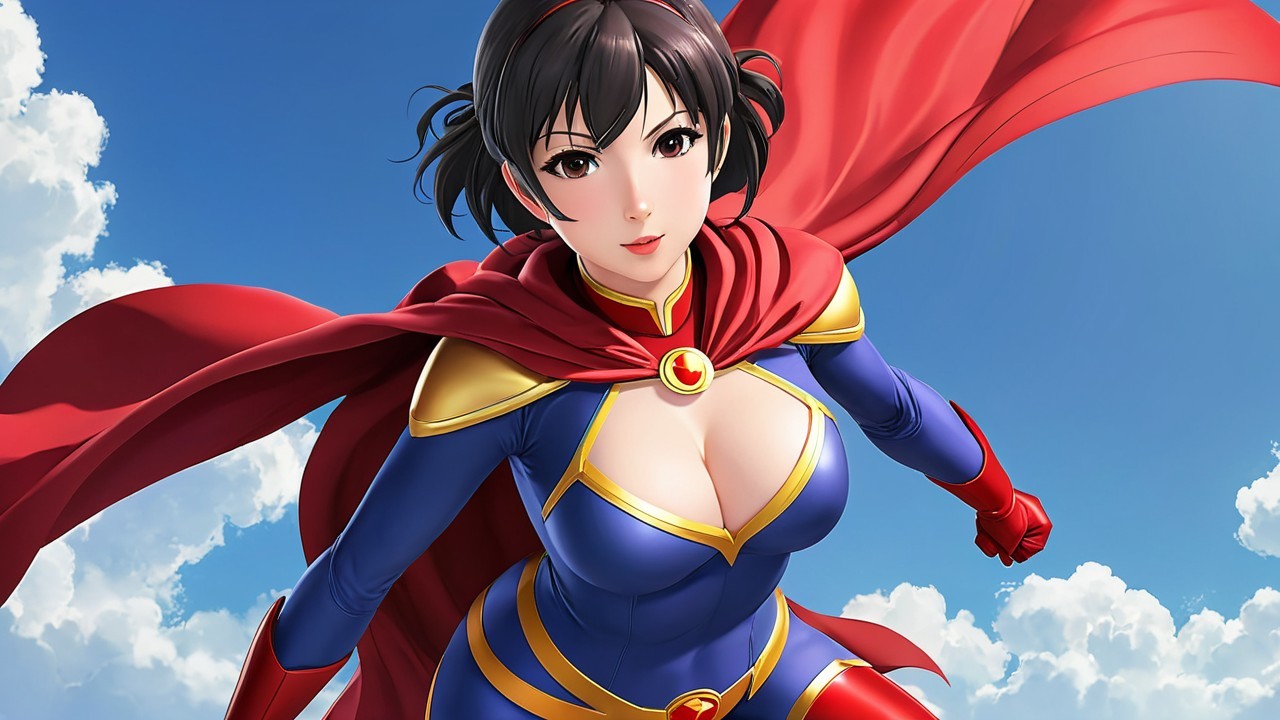 Dynamic Superheroine in Vibrant Costume Soaring Skyward