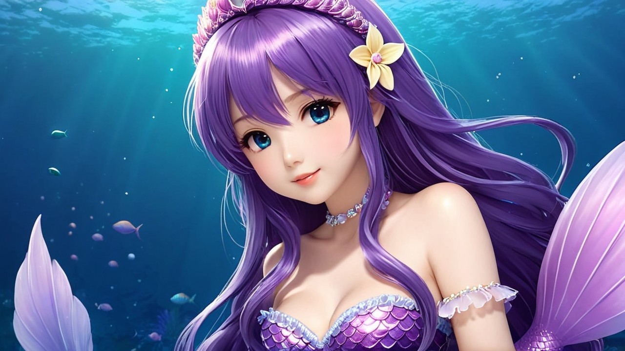 Mermaid with Purple Hair in Vibrant Underwater Scene