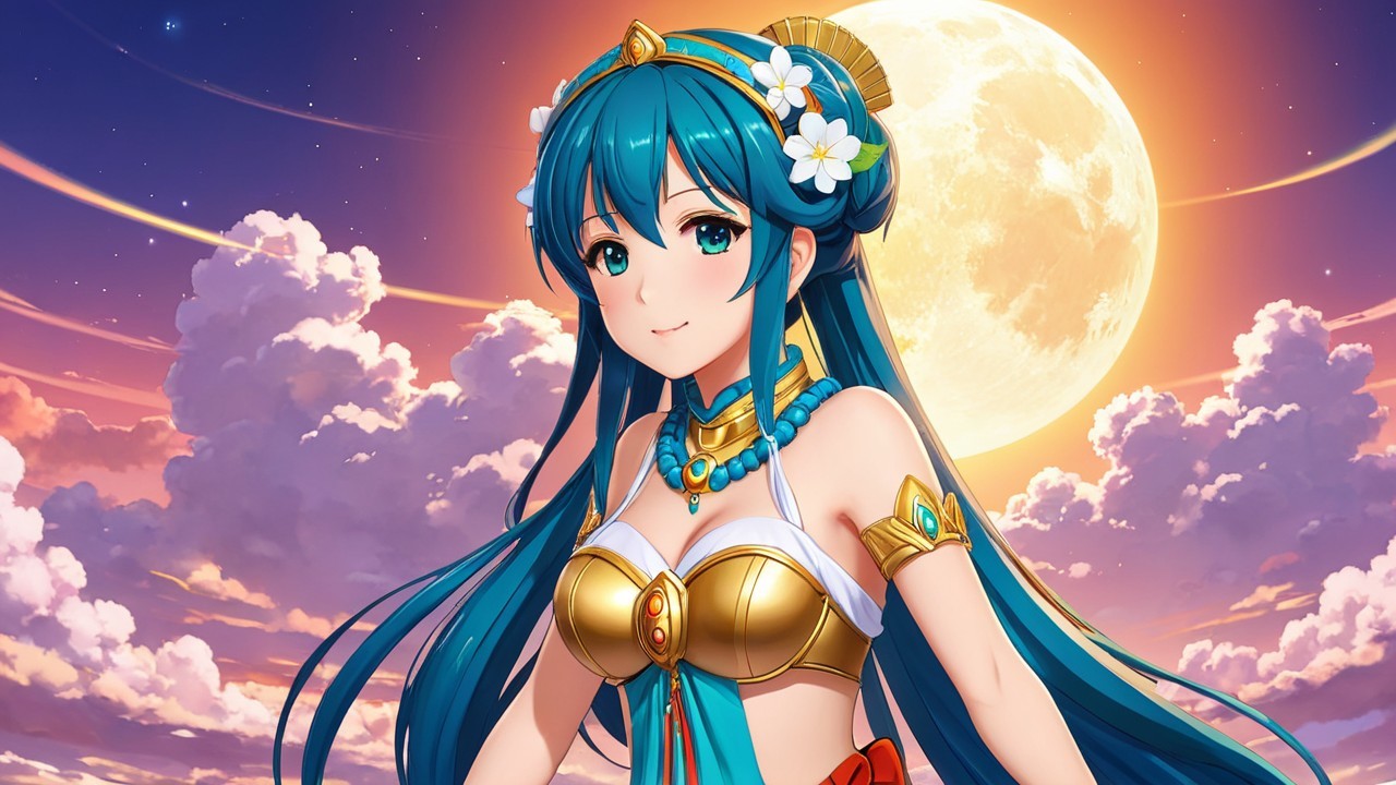 Young woman with teal hair in sunset setting