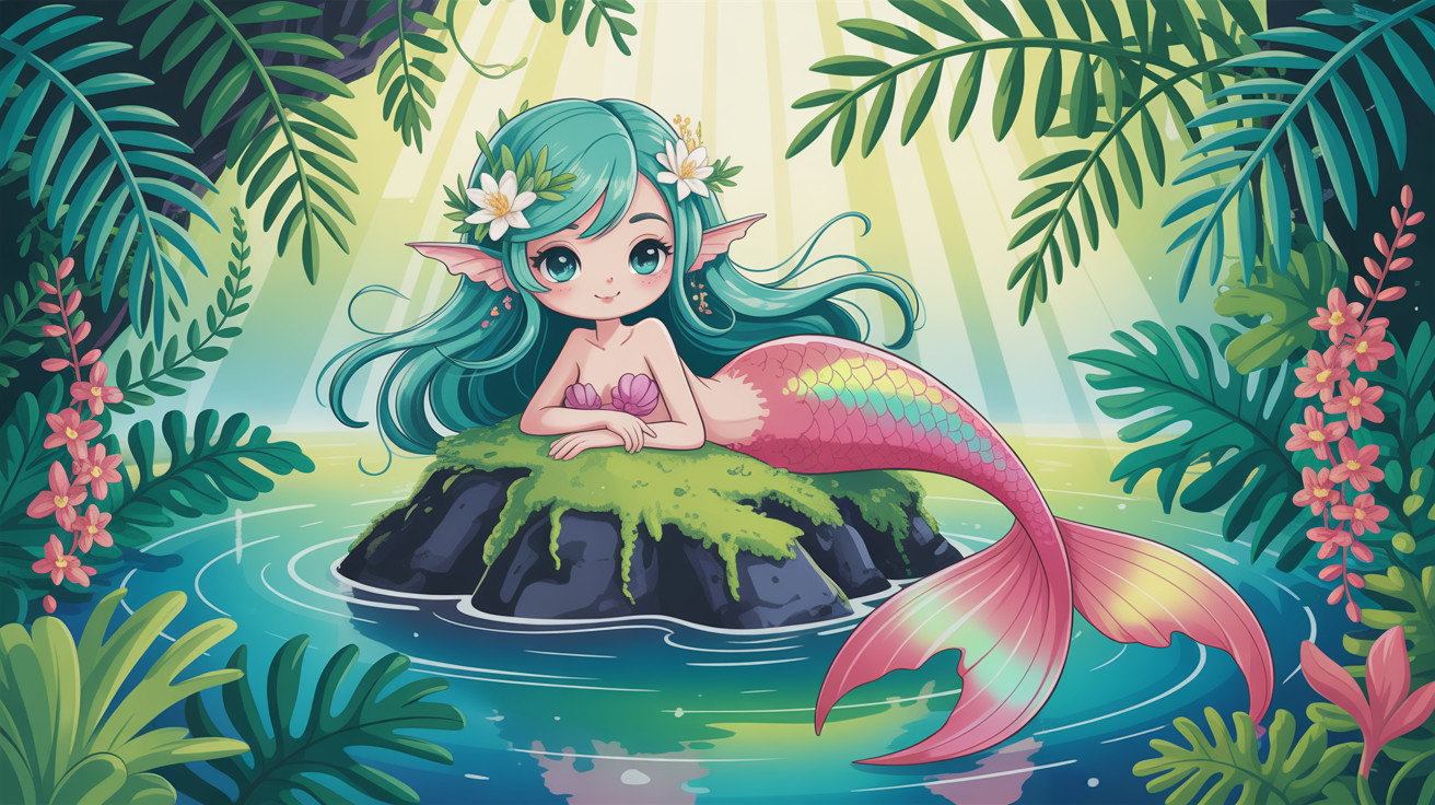 Chibi Style Anime Mermaid in Tropical Lagoon Setting