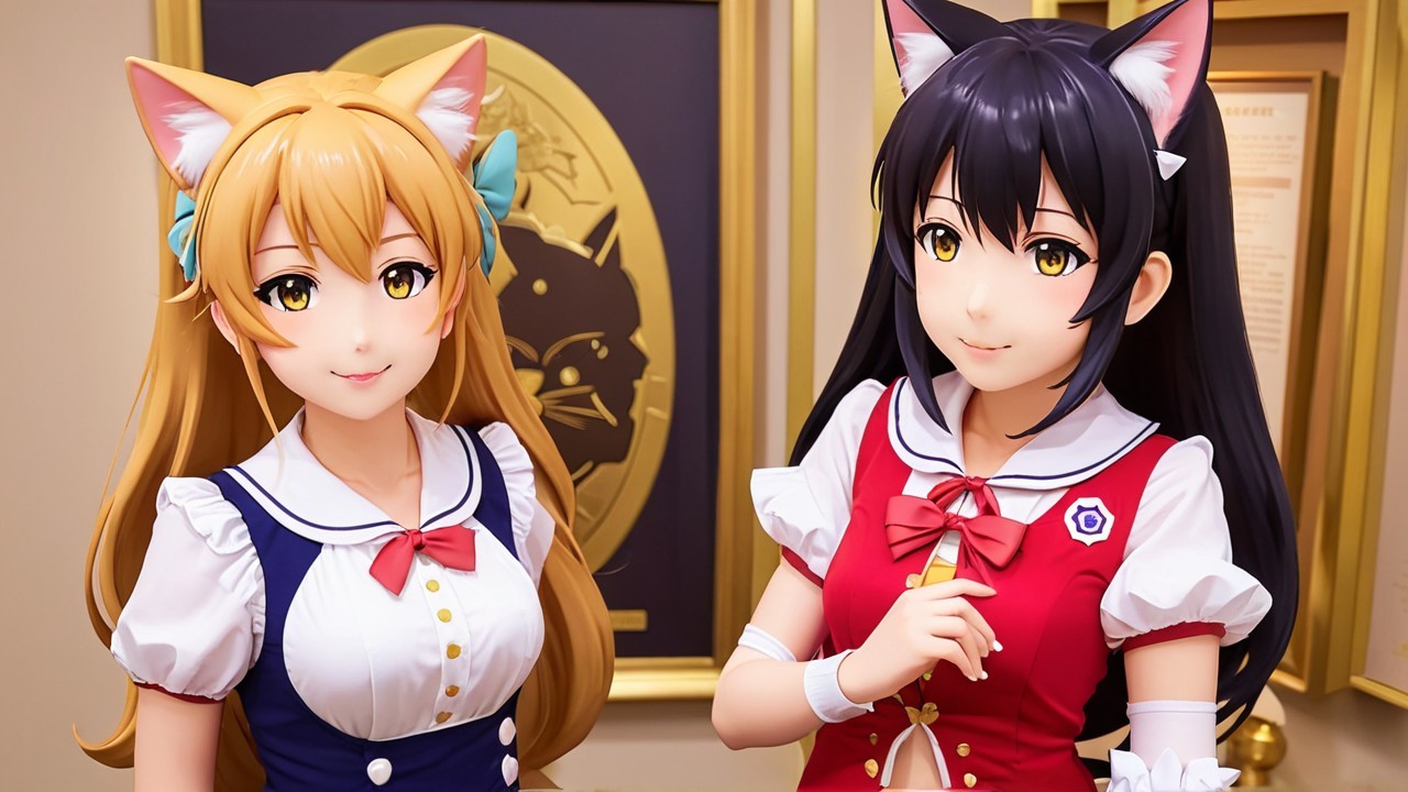 Stylized Characters with Cat Ears in Vintage Outfits