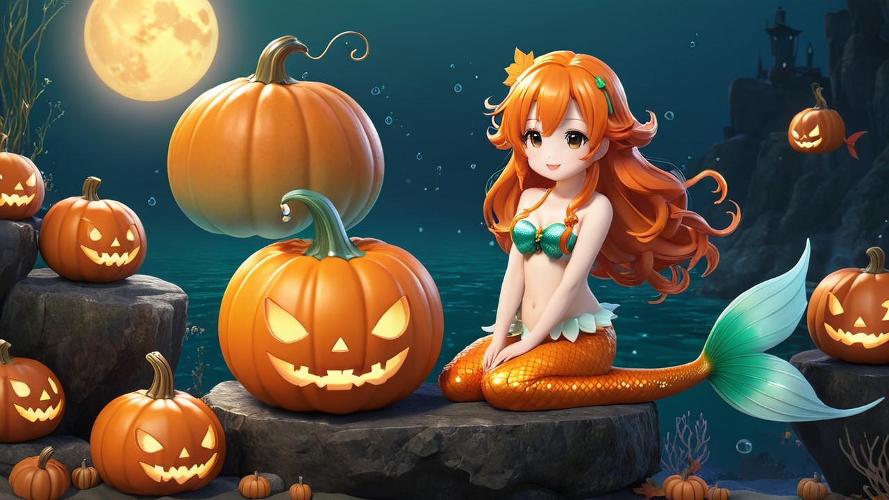 Cheerful mermaid with pumpkins on a moonlit shore