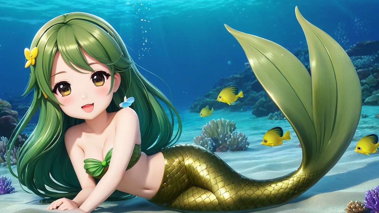 Cheerful animated mermaid with golden tail underwater