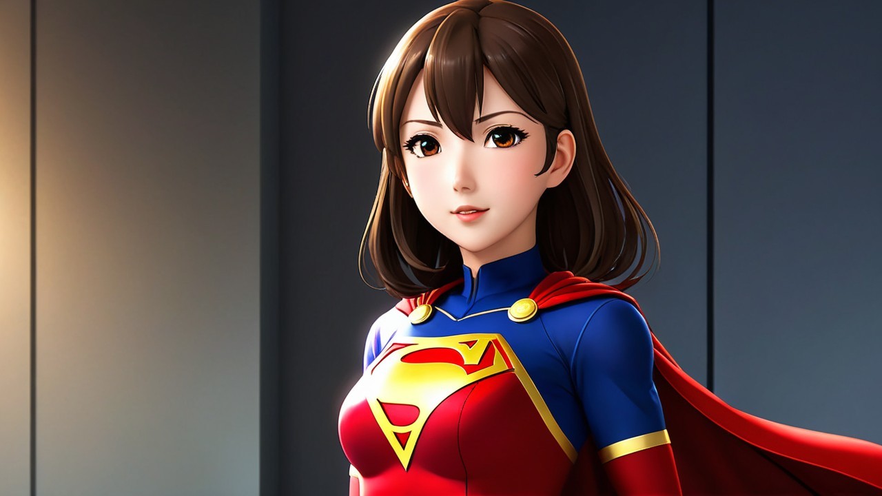 Young woman in vibrant superhero costume with cape
