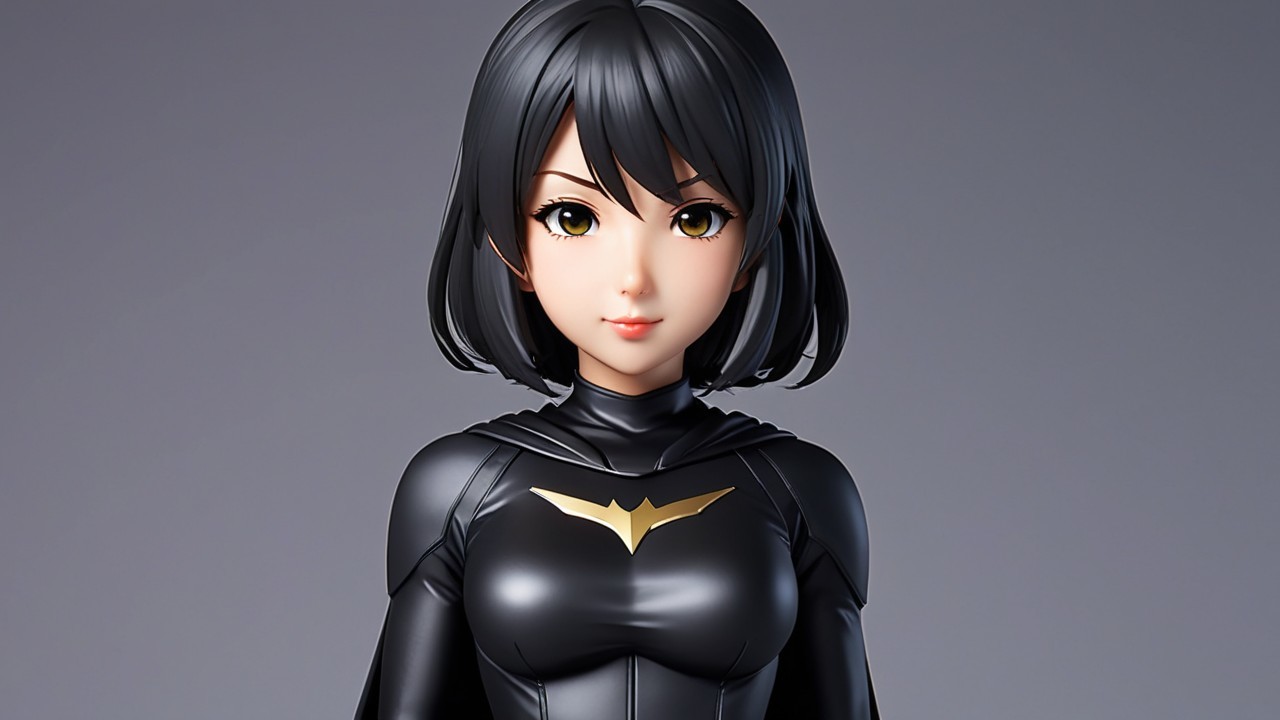 Character in Black Costume with Bat Emblem and Green Eyes