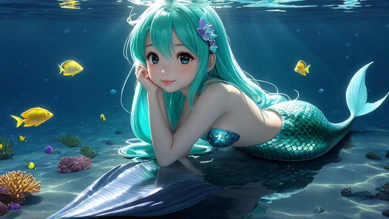 Whimsical Underwater Scene with Cheerful Mermaid