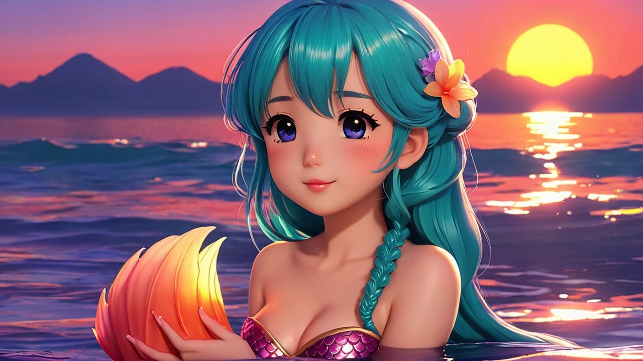 Vibrant Animated Scene of Girl at Sunset by Water