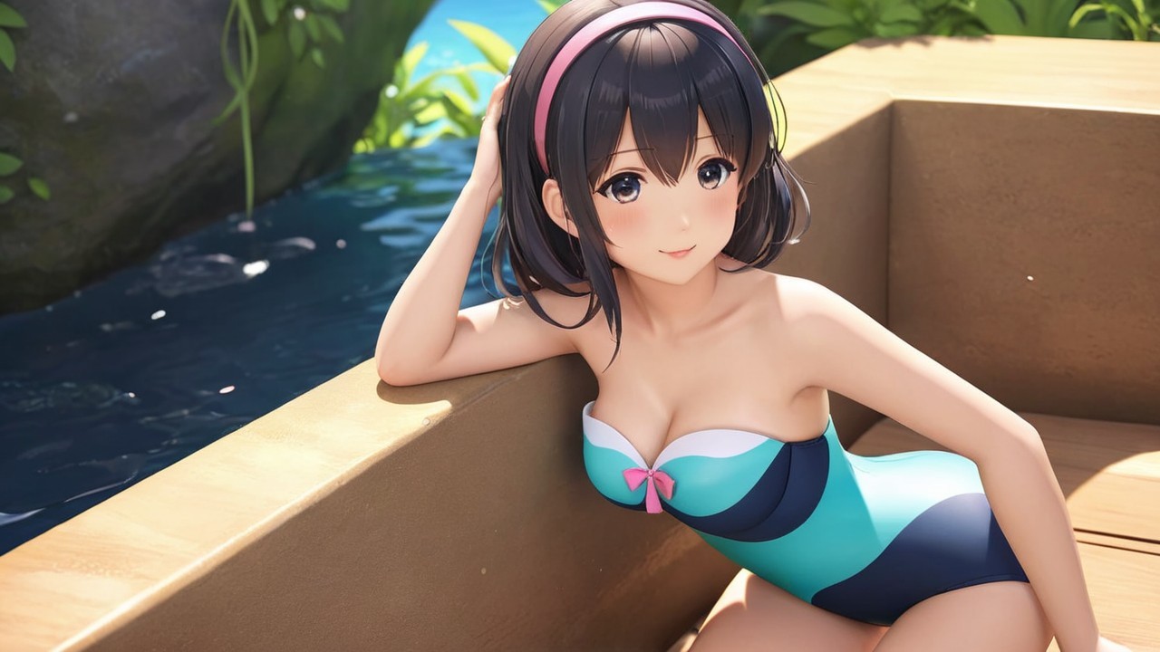 Young Woman in Two-Tone Swimsuit by Water and Trees