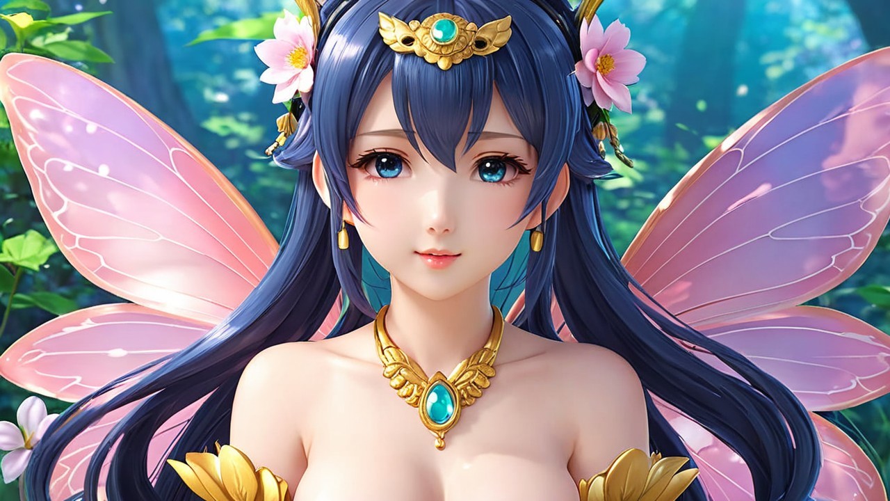 Anime Character with Blue Hair and Butterfly Wings