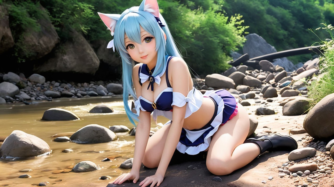 Character with Cat Ears by a Riverside in Playful Pose