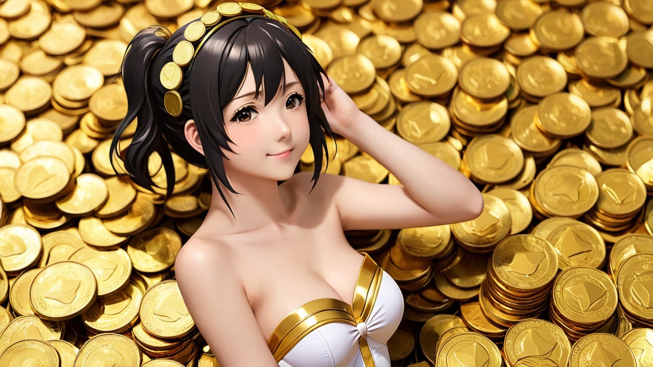 Cheerful anime character among a pile of gold coins