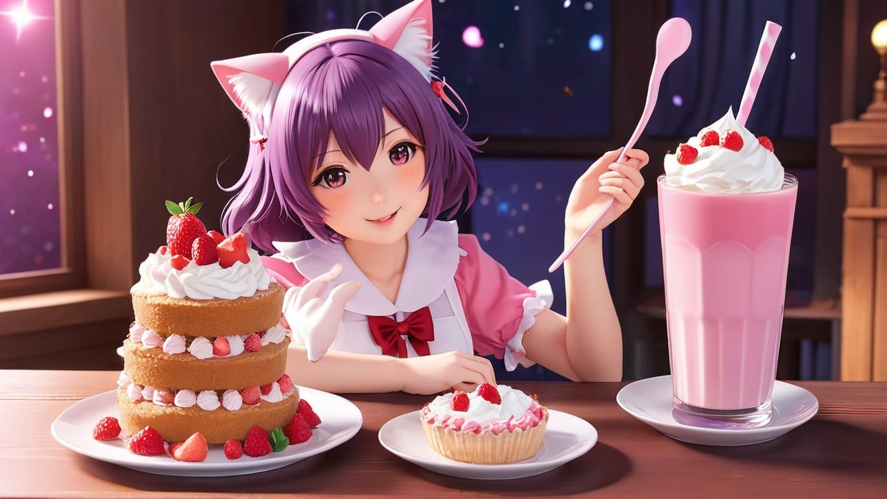 Cheerful girl with purple hair at a cozy café table
