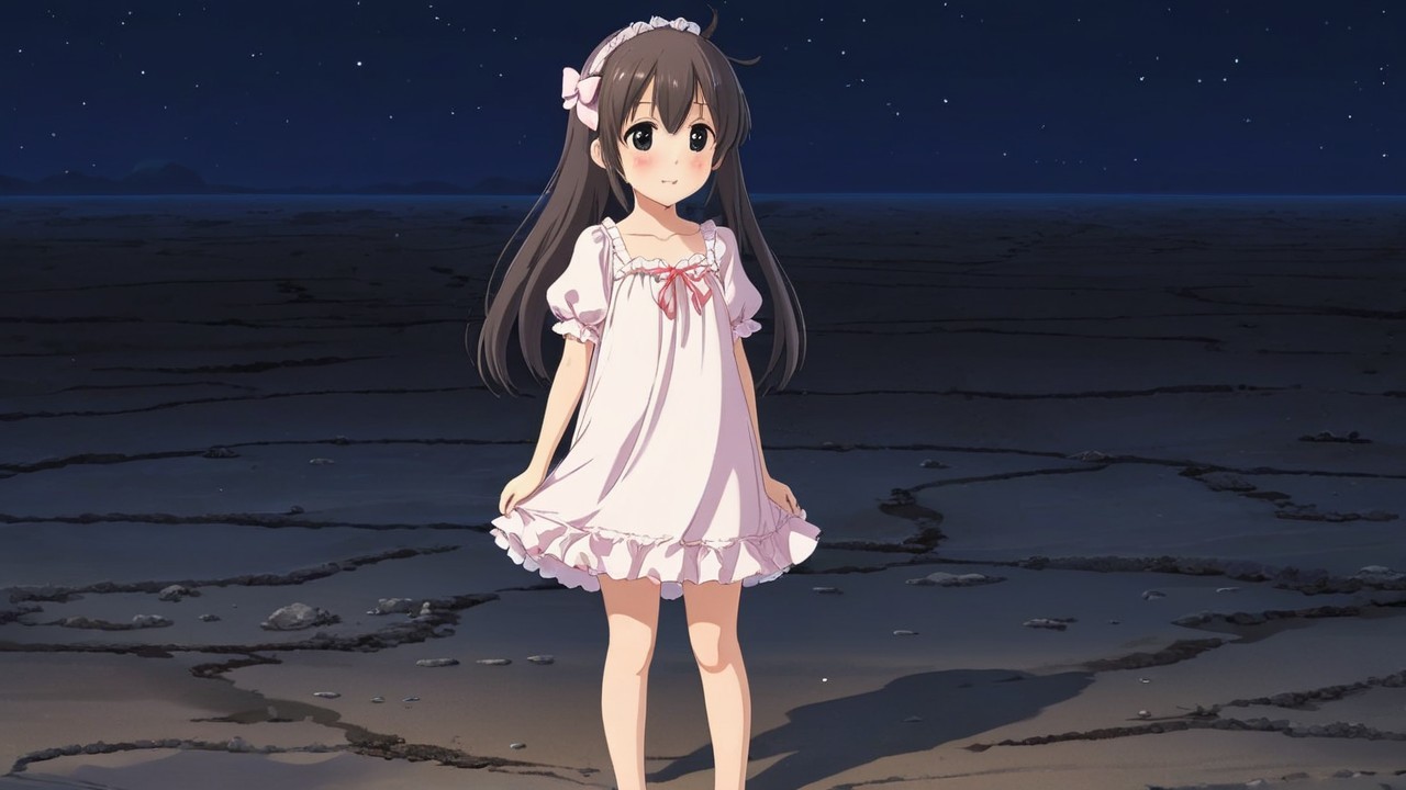 Young girl in nightgown in a desolate night landscape