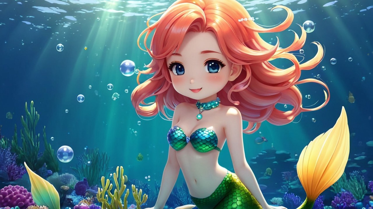 Vibrant Underwater Scene with a Cheerful Mermaid