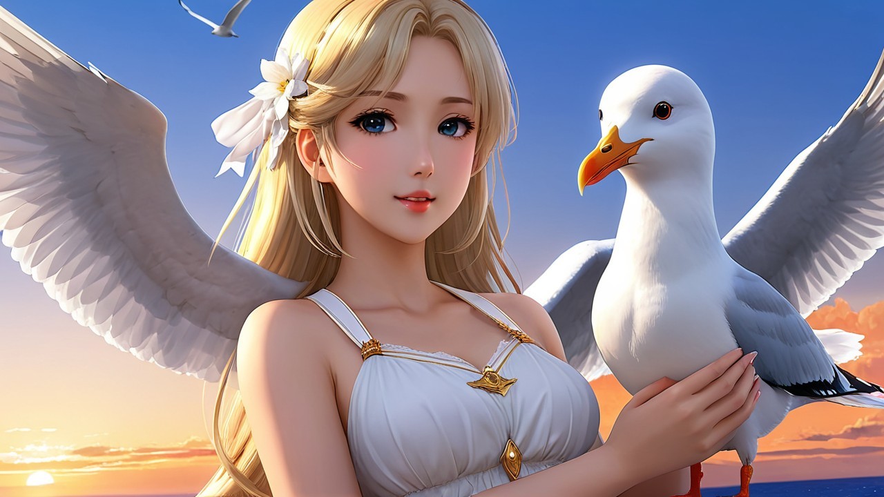 Young Woman with Wings at Sunset Holding Seagull